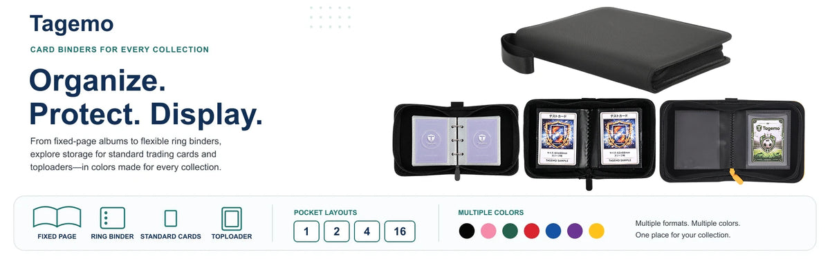 Tagemo trading card binders for standard cards and toploaders, available in multiple colors and pocket layouts.